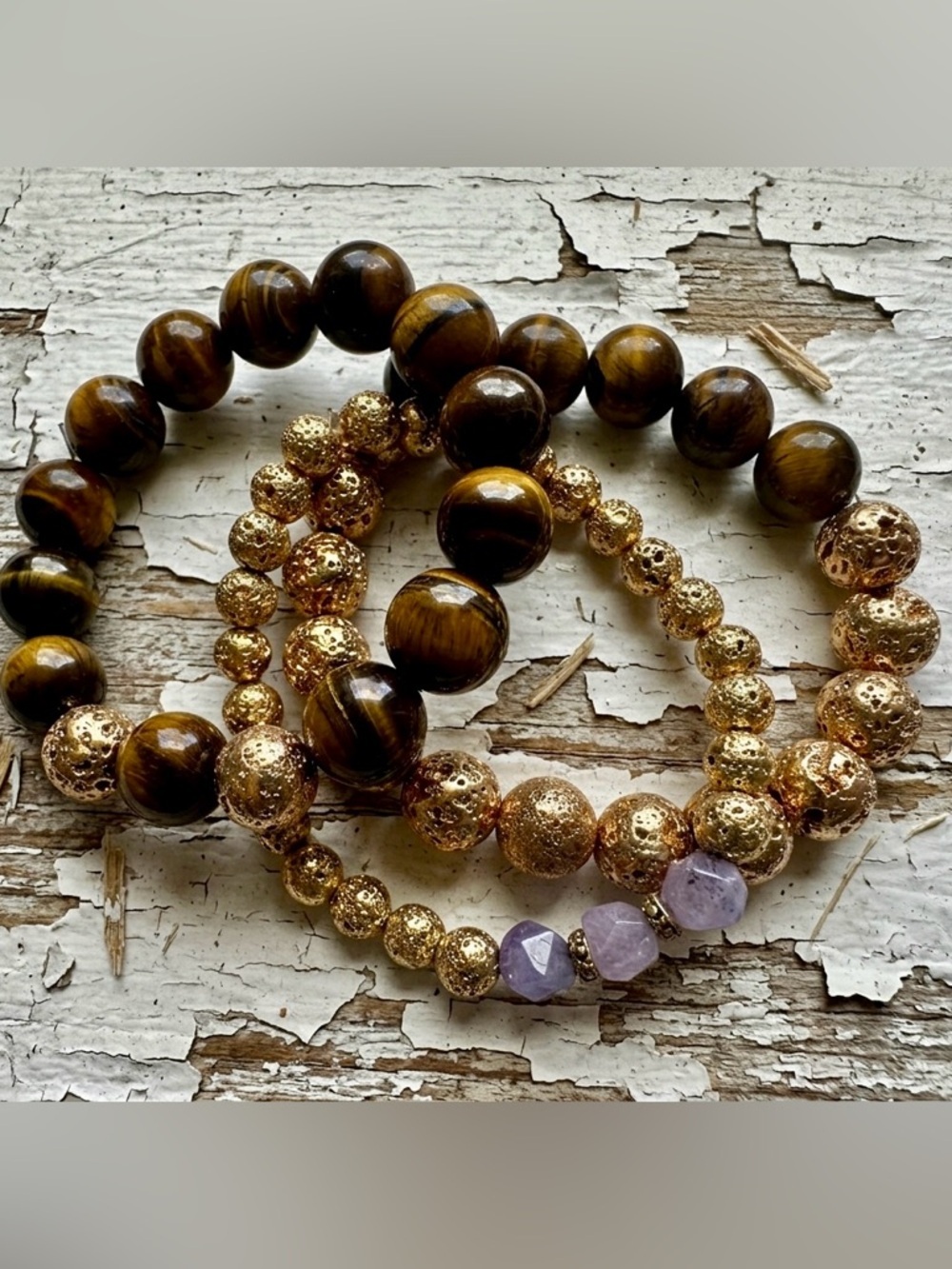 Set Of 3 Chunky Tiger’s Eye & Gold Lava Stone Bracelets w/Lavender Quartz